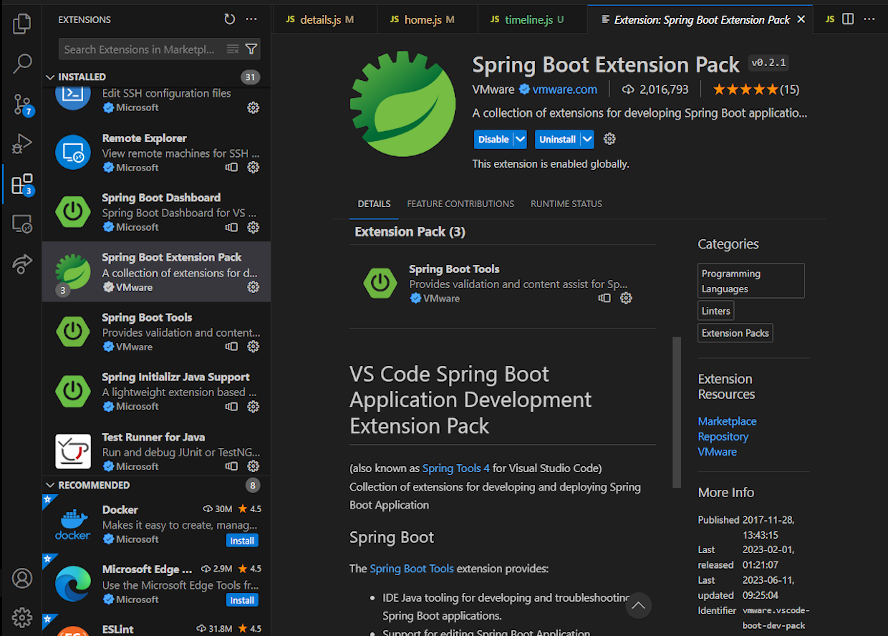 Spring extension in VS Code